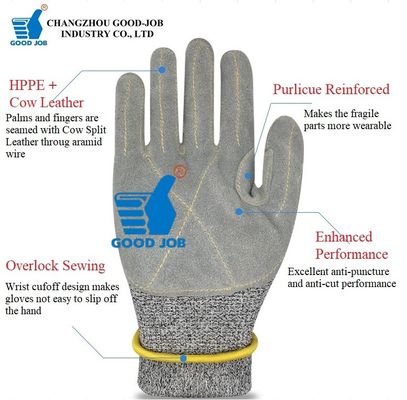 Long Cuff HPPE Polyethylene Cow Split Leather Level 5 Anti Cut Gloves Saw Proof